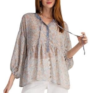 Easel Los Angeles Boho Babydoll Sheer Oversized Peasant Top Small